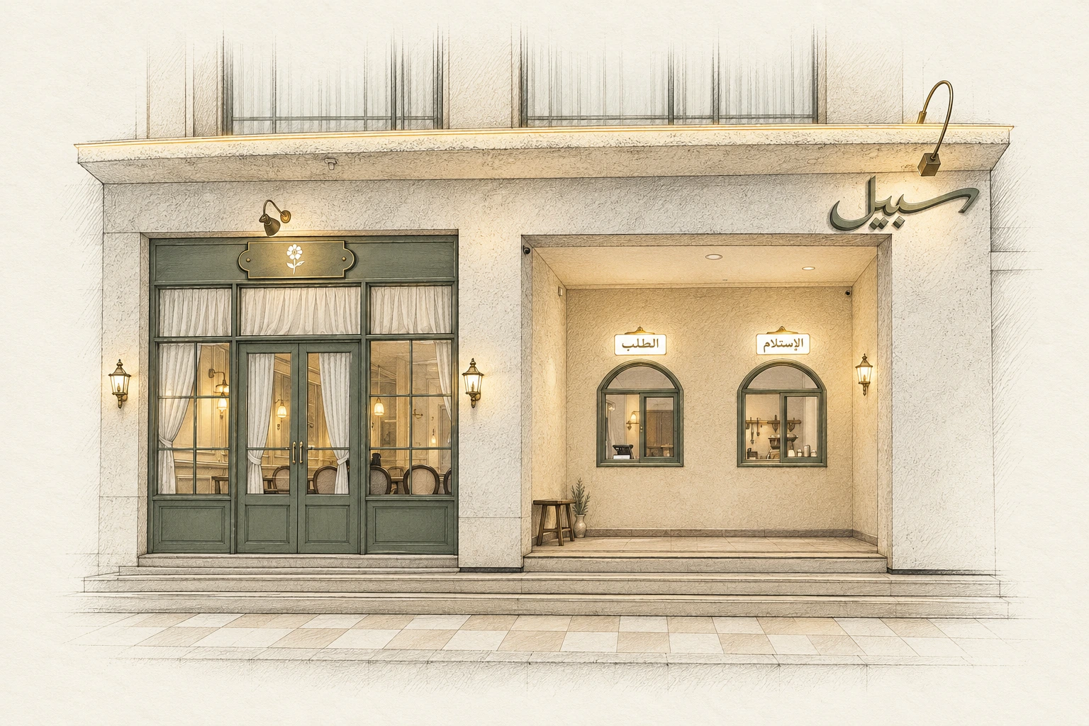 رسم معماري بالحبر لواجهة سبيل الخارجية، بابها الأخضر وشباكا الطلب والاستلام